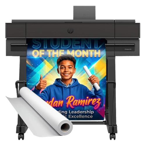 Campus Pro 24 Essentials Poster Maker Package printing a vibrant student of the month poster, alongside a roll of poster paper