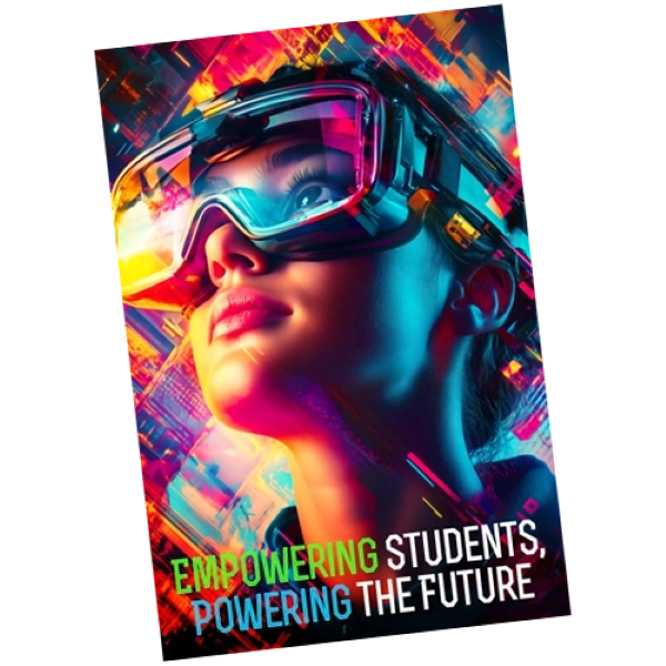 A student wearing vibrant VR goggles, representing The Future of Classroom Posters enhanced by AR, VR, and Poster Making Machines.