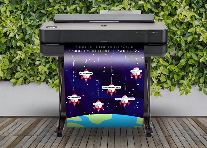 HP poster maker machine printing a motivational space-themed poster with rockets labeled with student responsibilities.