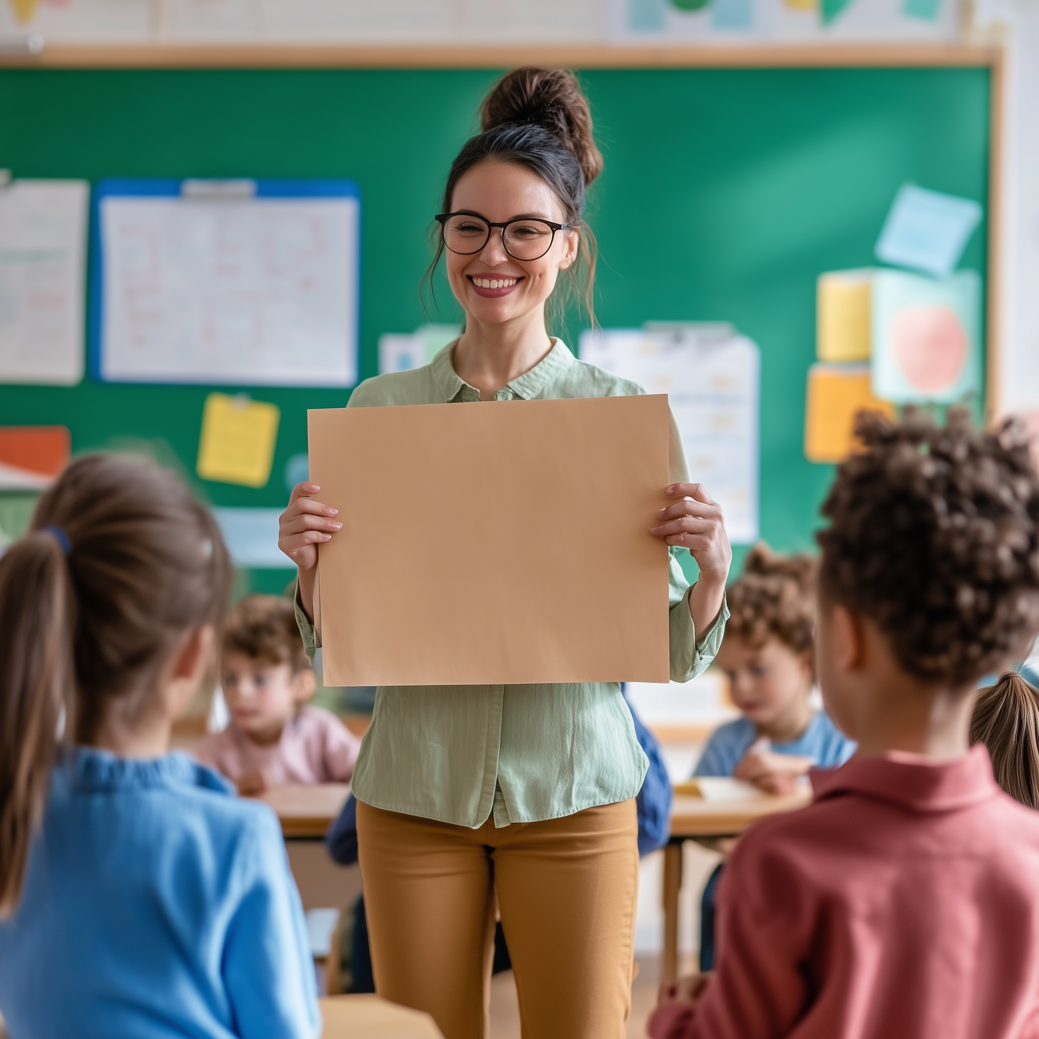 A happy teacher holding up an empty cardboard sign in front of her students sitting at their desks, classroom background, stock photo-style photography. A happy teacher holding up an empty cardboard sign in front of her students sitting at their desks, classroom background, stock photo-style photography.