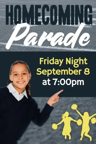 A vibrant homecoming parade poster featuring a smiling student pointing to event details, created with Poster Maker Machines.
