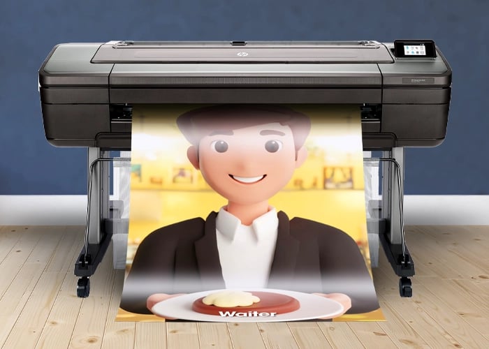 Professional poster printed with a school poster maker, featuring a smiling waiter illustration