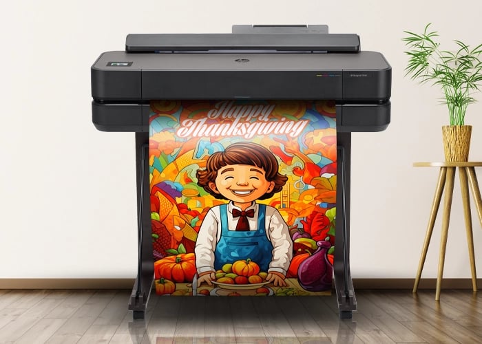 Thanksgiving-themed poster created with a poster maker for schools, showing a cheerful child with festive decor