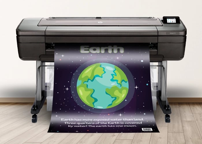 Space-themed Earth poster printed with a school poster maker, highlighting water coverage facts
