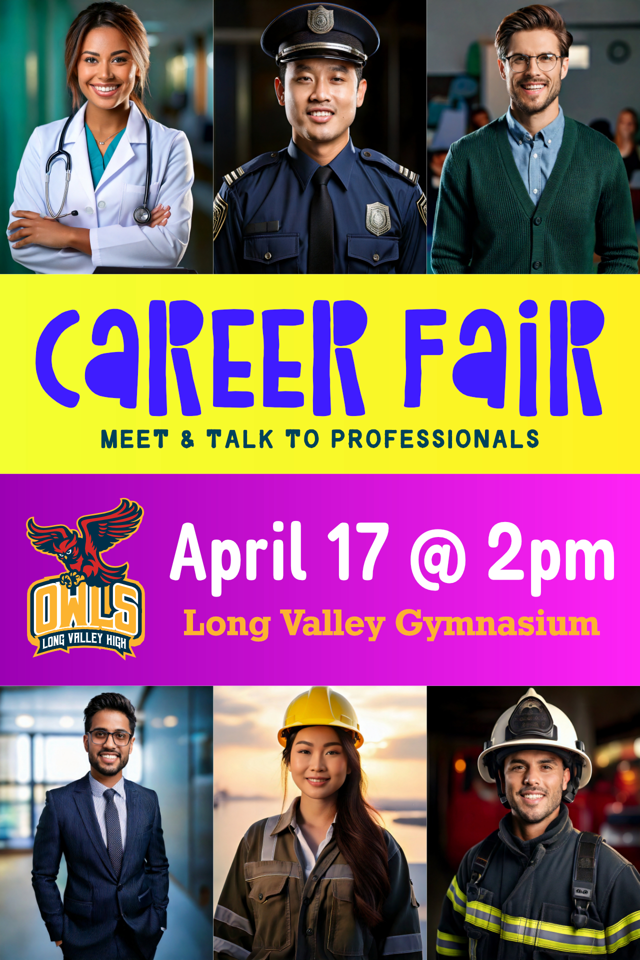 A colorful Career Fair poster featuring professionals from various fields, created using a Poster Printer Machine, announcing an event at Long Valley High.