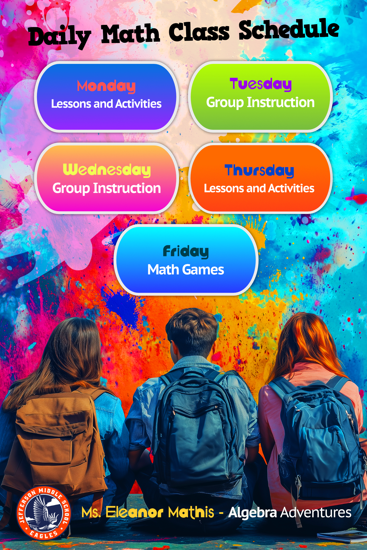 Colorful math class schedule designed with a poster maker machine, featuring a vibrant background and organized weekly lesson plan.