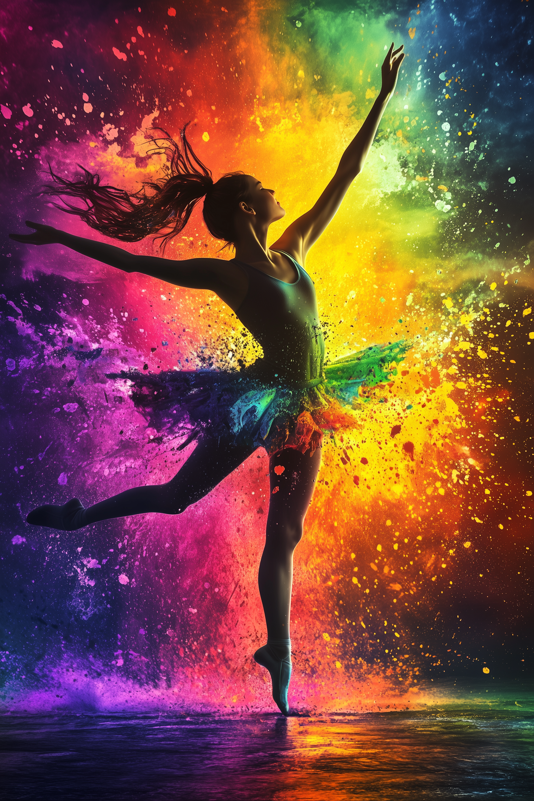 A vibrant dancer leaping gracefully through a rainbow burst of color, symbolizing the energy of school performances promoted by Poster Making Machines.