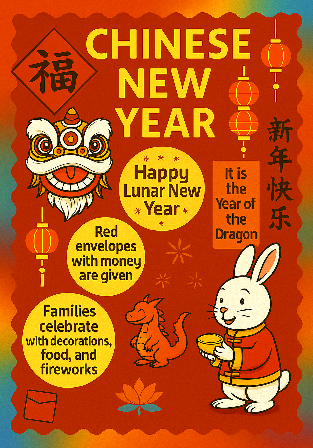 Chinese New Year poster highlighting traditions for foreign language teachers like red envelopes, dragon dances, and family celebrations, designed for language and cultural learning