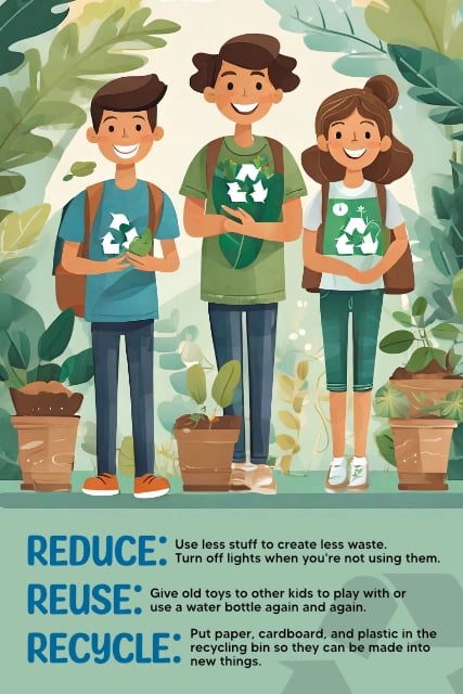 Illustrated school poster with three smiling students promoting “Reduce, Reuse, Recycle” with tips and potted plants, created using a poster maker for schools
