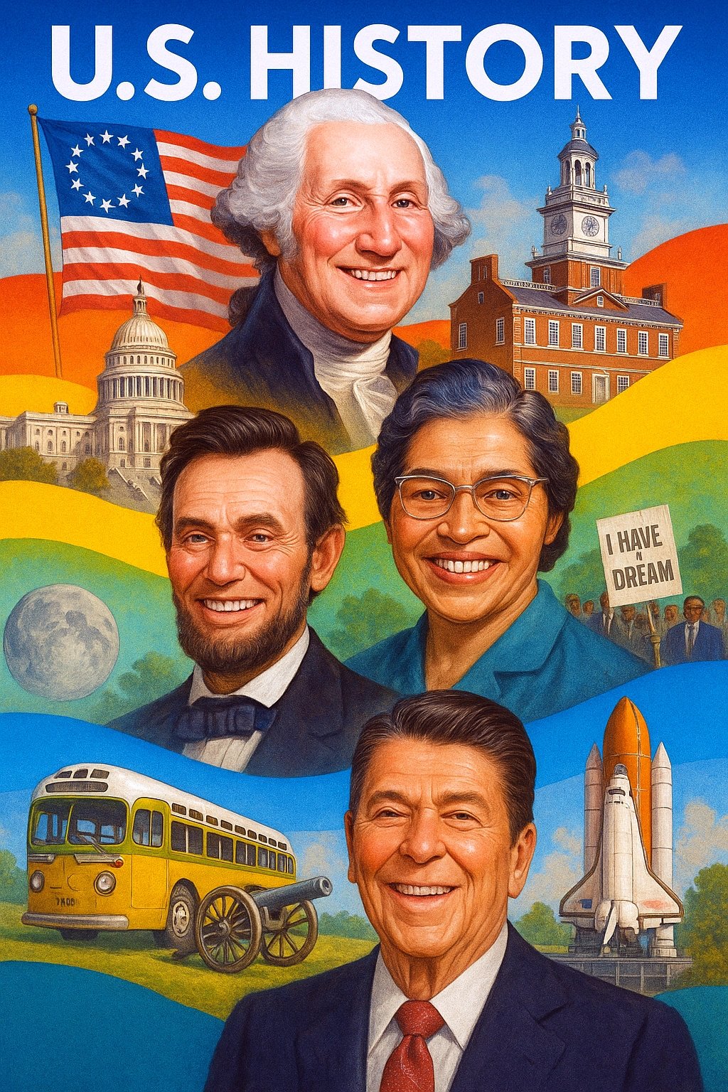 U.S. History poster featuring key historical figures like George Washington, Abraham Lincoln, Rosa Parks, and Ronald Reagan, with significant historical events like the moon landing and civil rights movement