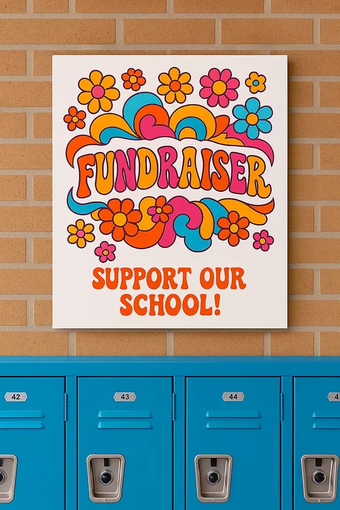 Colorful school fundraiser poster made with a school poster maker reads "Support Our School!" displayed above blue lockers