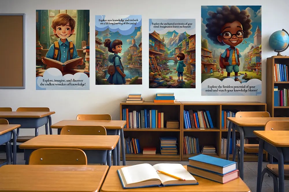 Colorful educational posters in a classroom created with school poster makers, featuring inspiring messages and diverse student characters