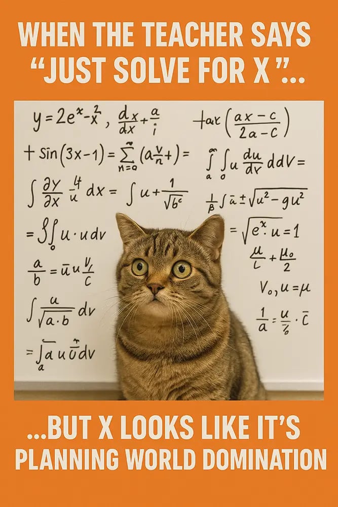 Humorous school poster with a cat looking confused by complex math equations, showing the challenge of solving for X