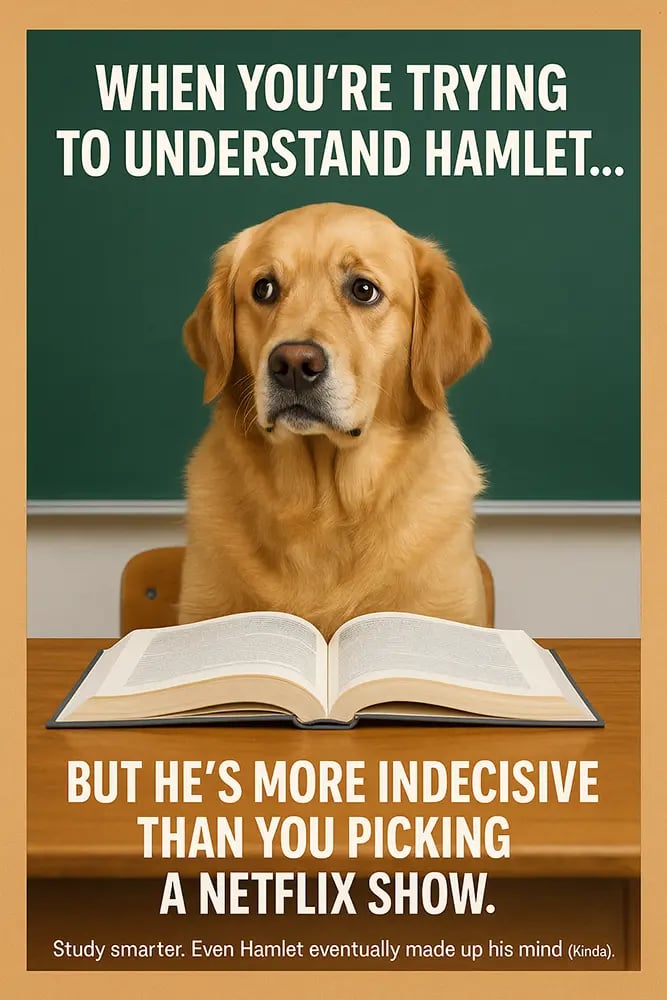Funny school poster with a dog confused by Hamlet, highlighting indecisiveness compared to picking a Netflix show