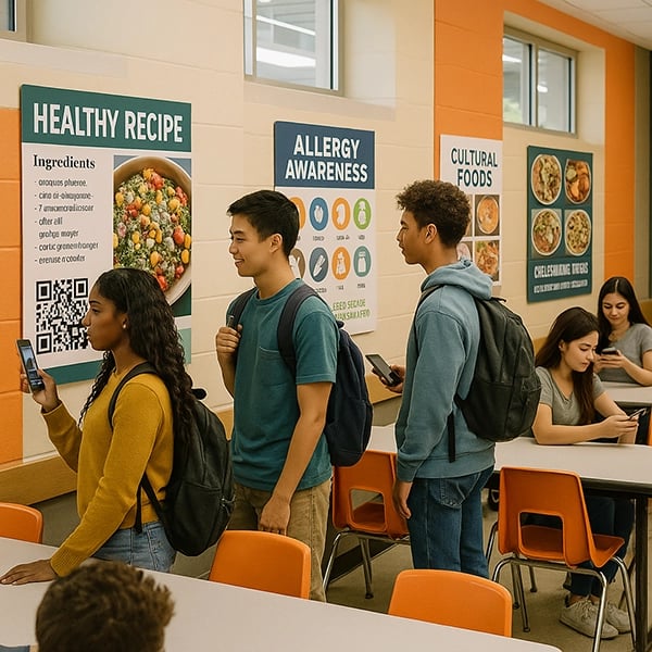 High school students interact with nutrition and allergy awareness posters displayed on a cafeteria wall