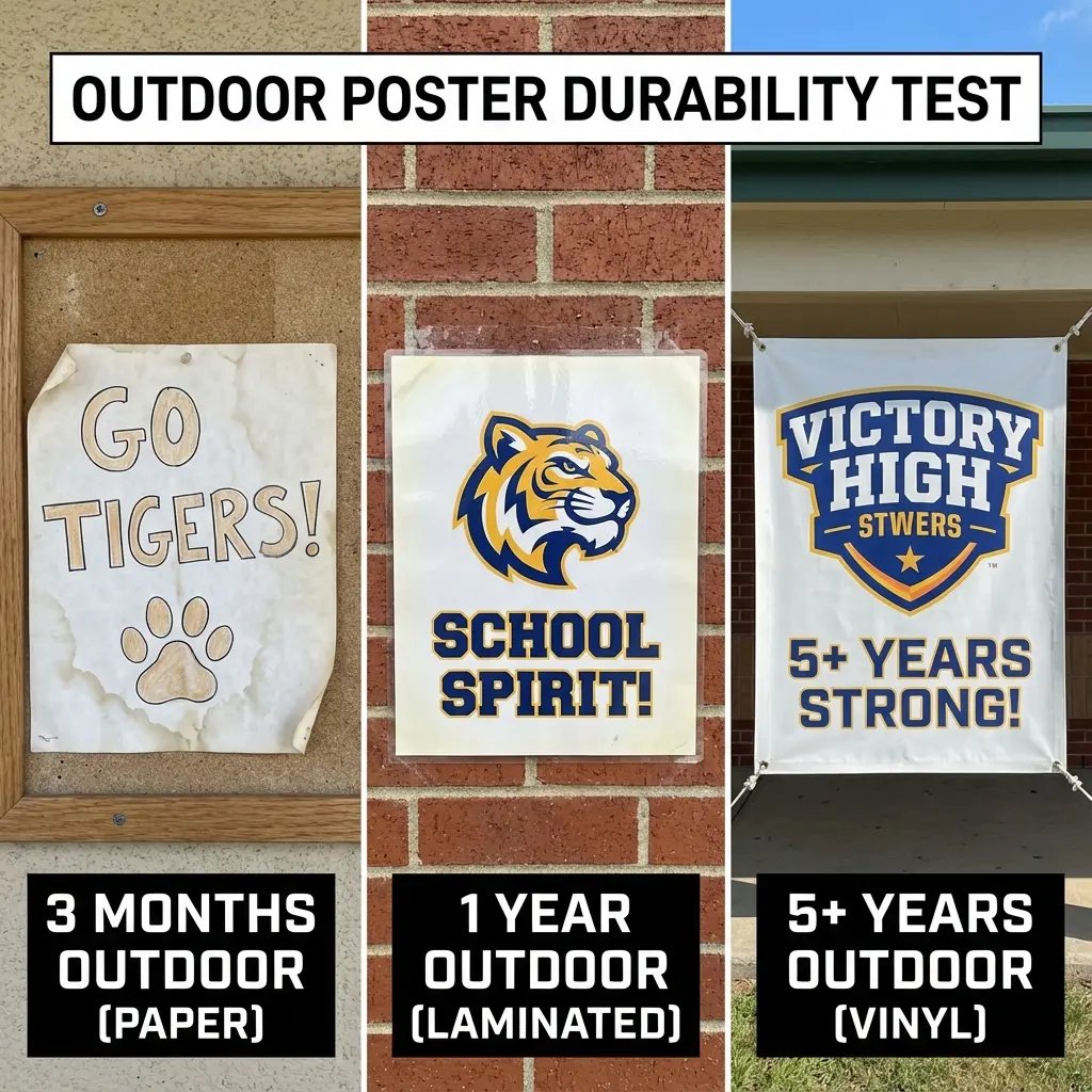 Outdoor Poster Durability Comparison for School Posters Close-up comparison image three different poster materials side by side after weather exposure. On the left, show a faded and damaged regular paper poster visible water damage and color loss. In