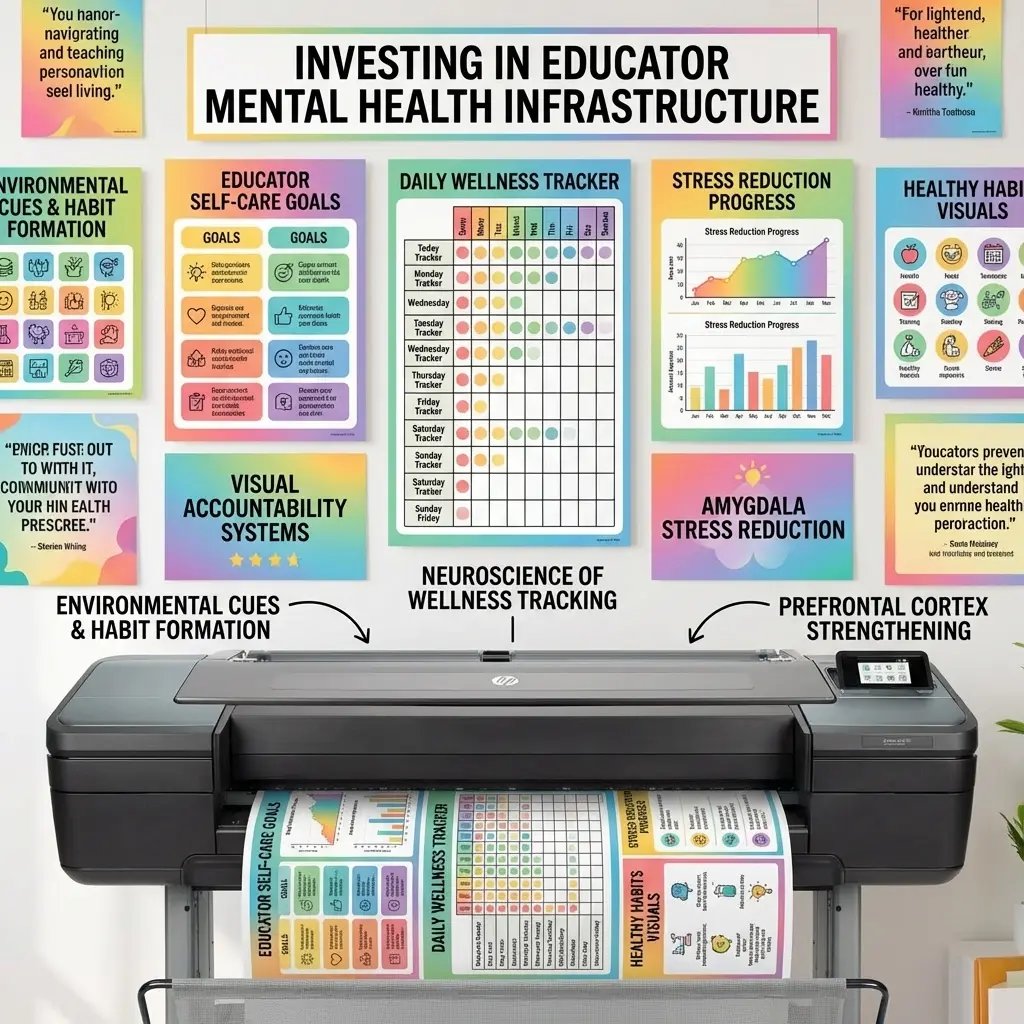 Design a bright, organized teacher's desk area a large monthly wellness tracking calendar poster prominently displayed on the wall behind it. The calendar should show color-coded self-care