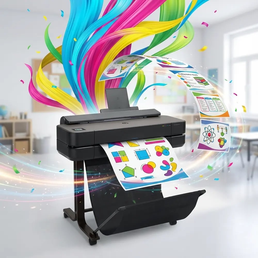 Classroom Pro school poster maker producing vibrant educational posters with colorful swirling graphics in a modern classroom setting
