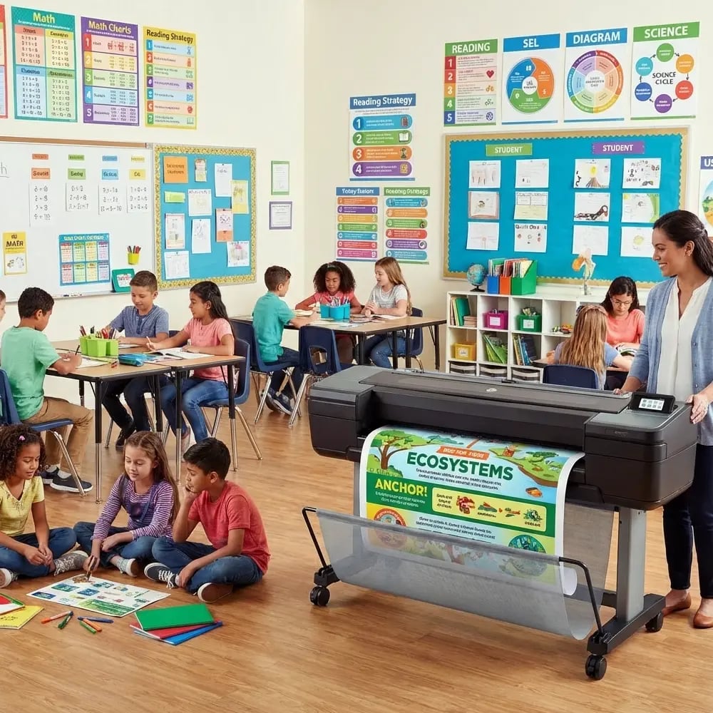 Teacher using a school poster maker to print a large ecosystems poster while students work on classroom activities surrounded by colorful educational wall displays