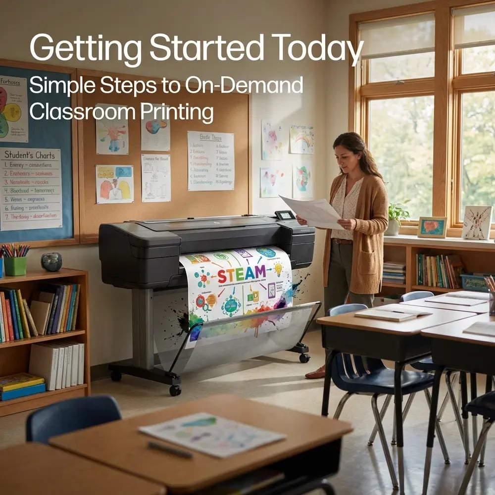 Teacher reviewing materials beside a school poster maker printing a colorful educational poster in a classroom