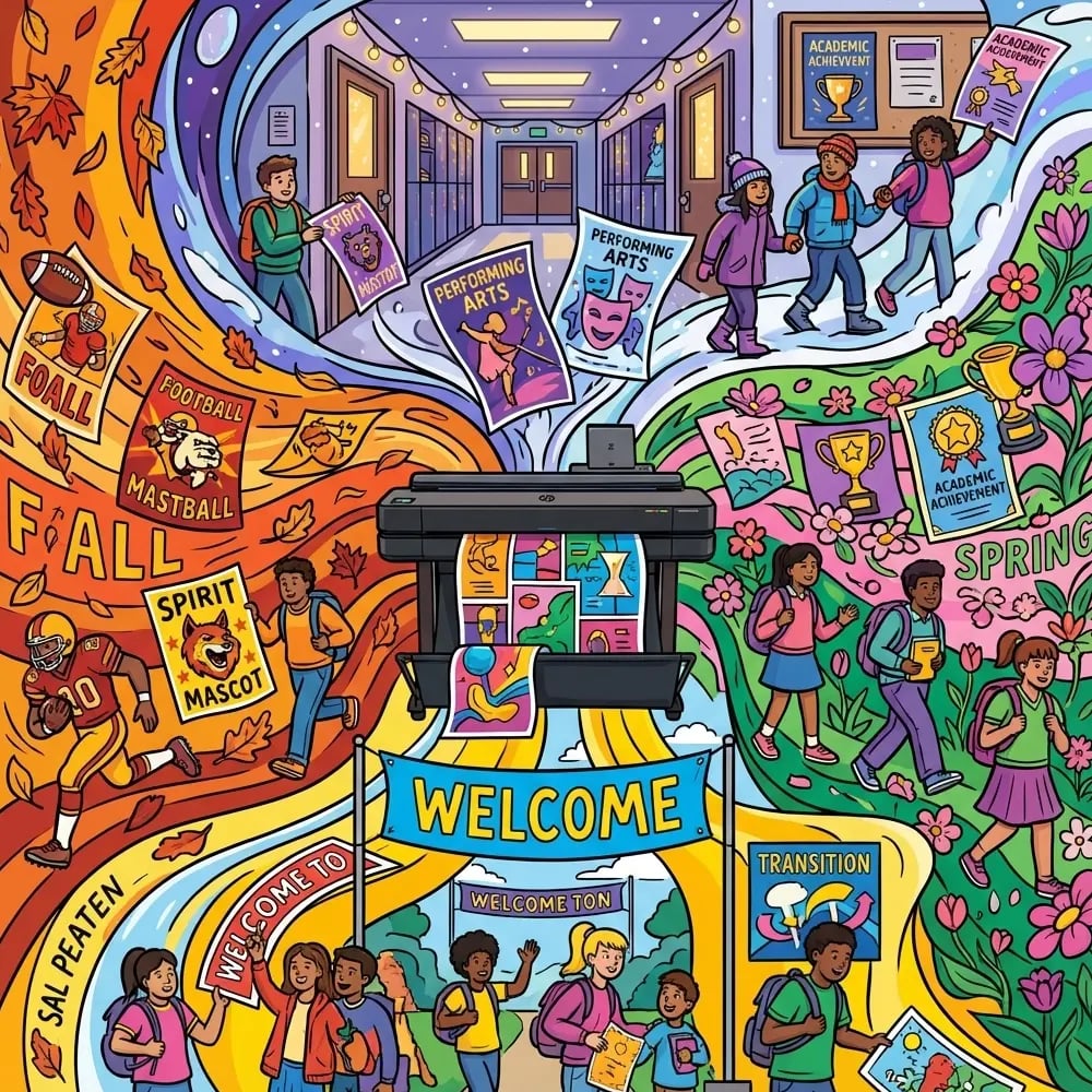 Illustrated school poster maker producing colorful seasonal posters for fall, winter, spring, and student achievements