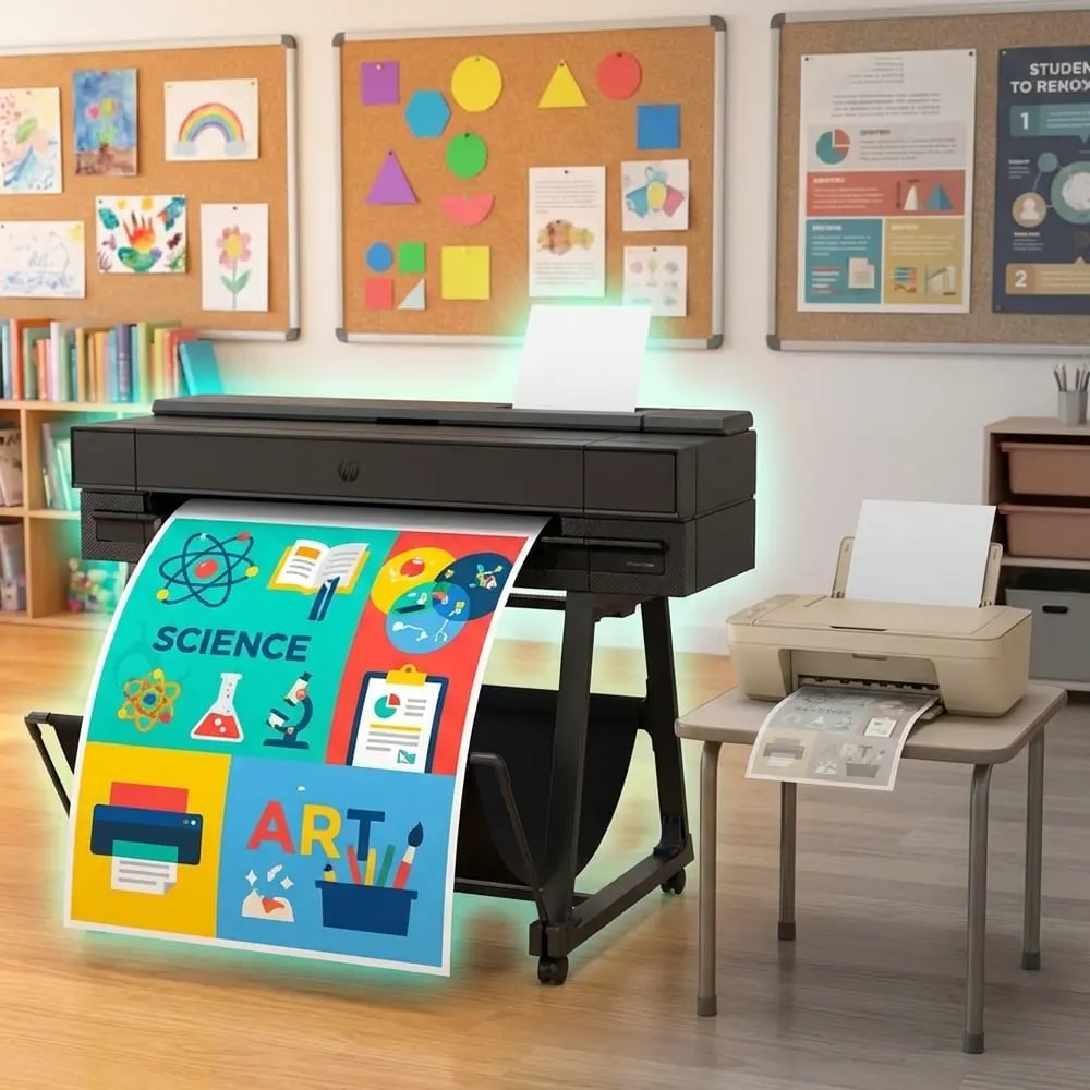 Large Education Station poster maker printing a colorful science and art poster beside a small home consumer printer producing a dull sheet inside a classroom setting