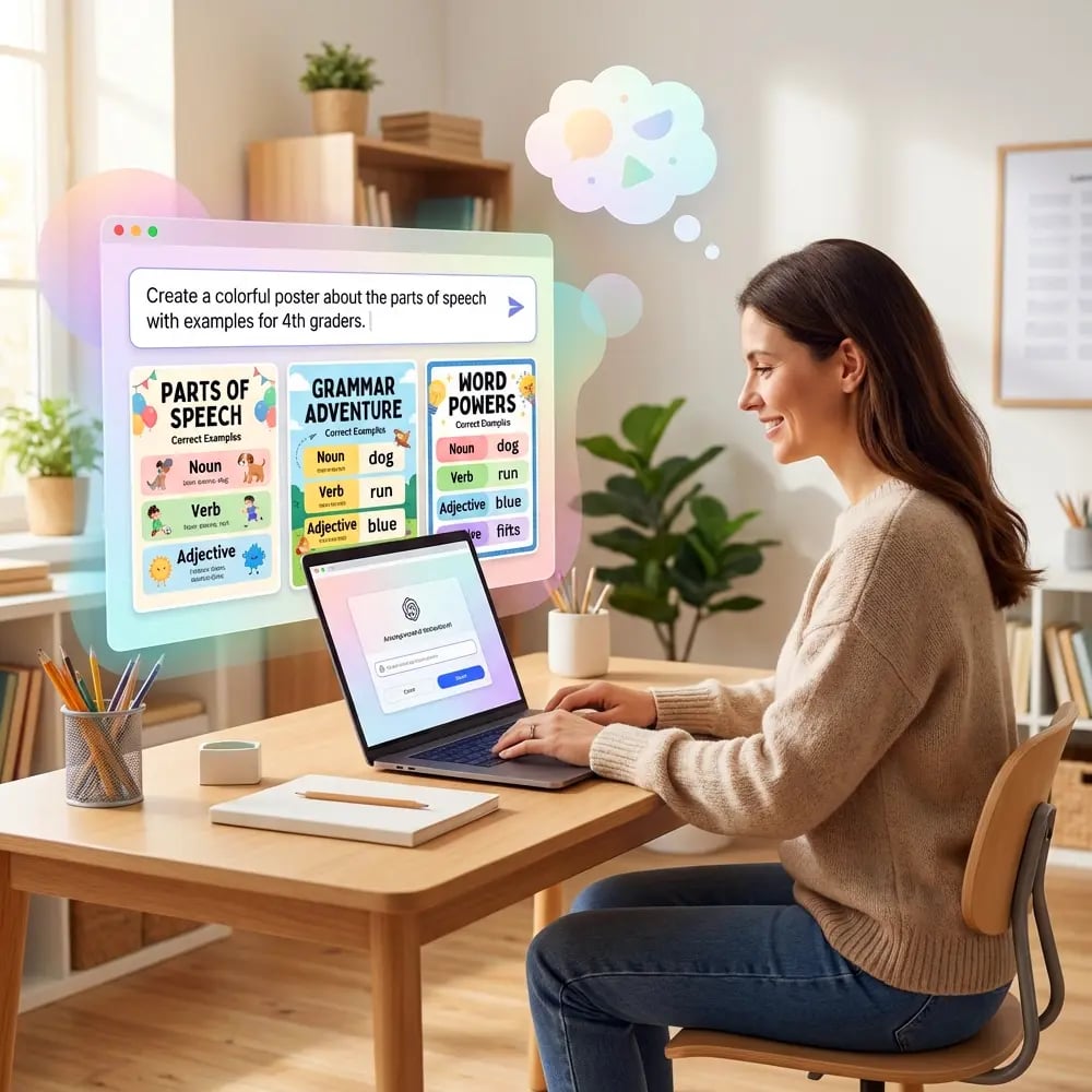 Teacher using an AI-powered school poster maker to design colorful parts of speech posters for elementary students on a computer