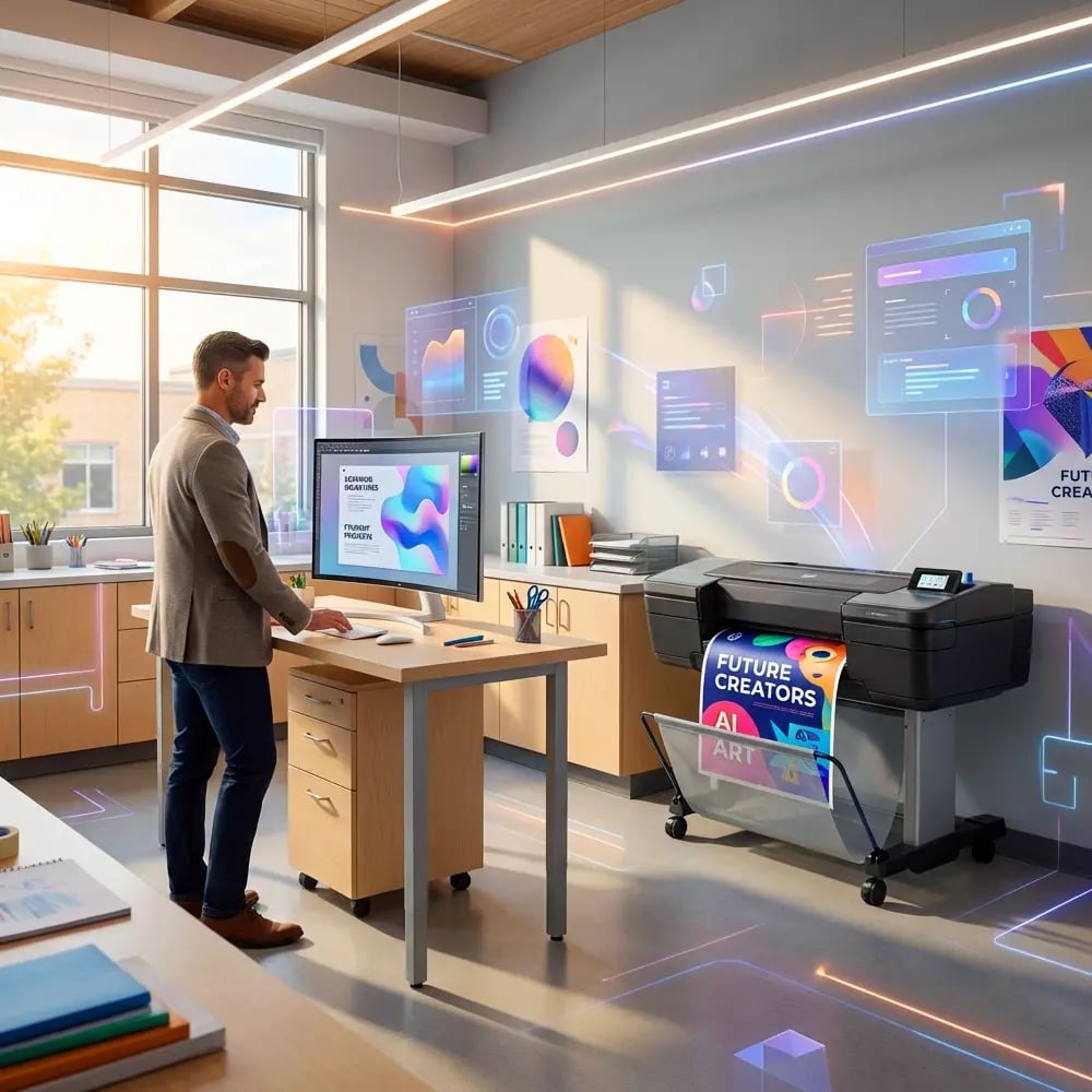 Teacher designing posters with AI software while an in-house school poster maker prints a vibrant classroom poster