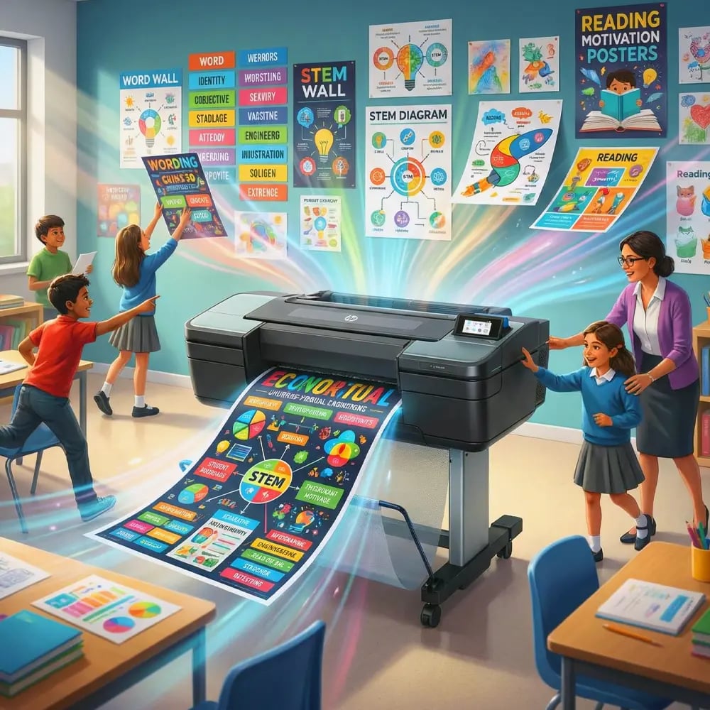 School poster maker printing colorful STEM and reading posters as students and teacher transform a classroom learning environment