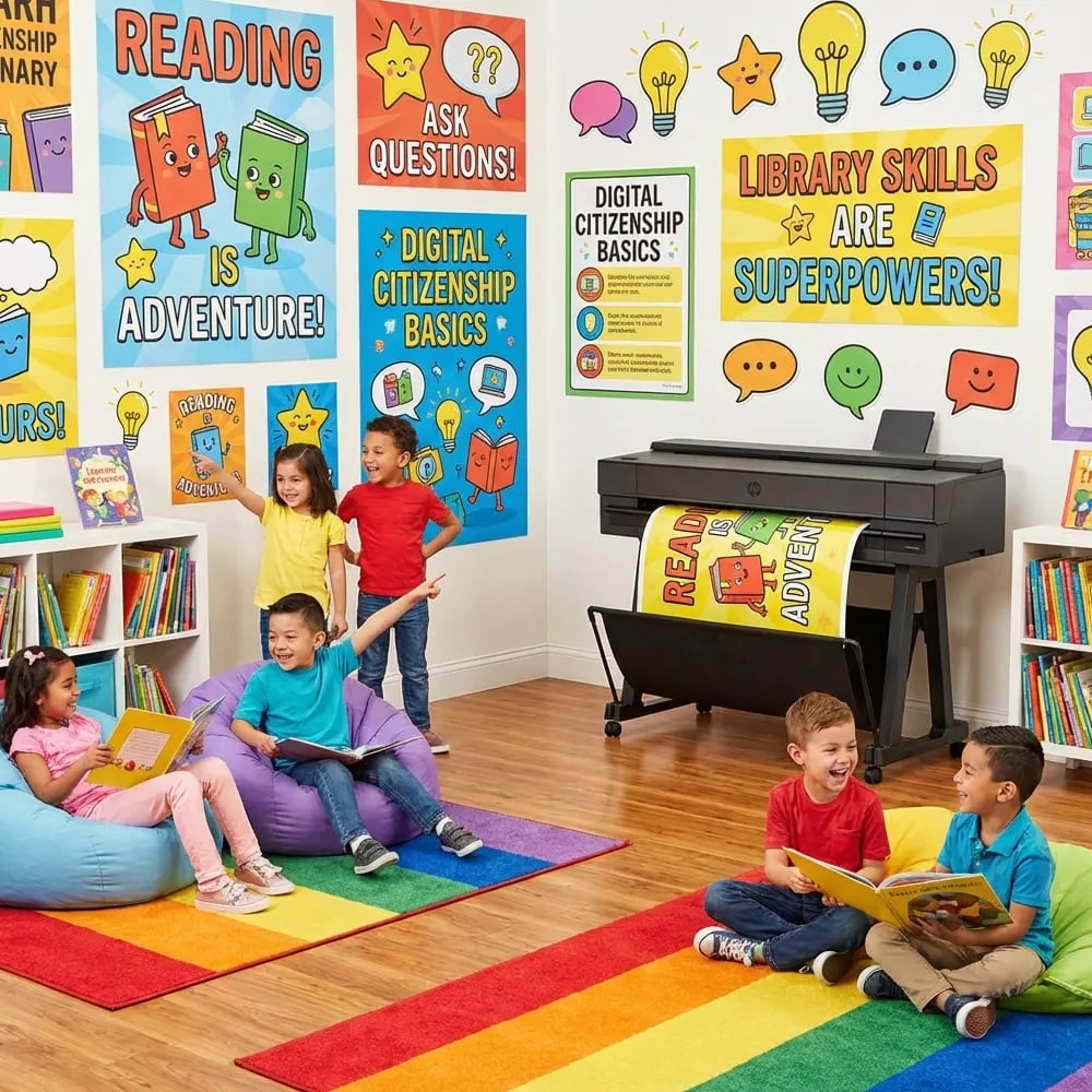 Elementary students reading and learning in a colorful library filled with educational posters printed using a school poster maker
