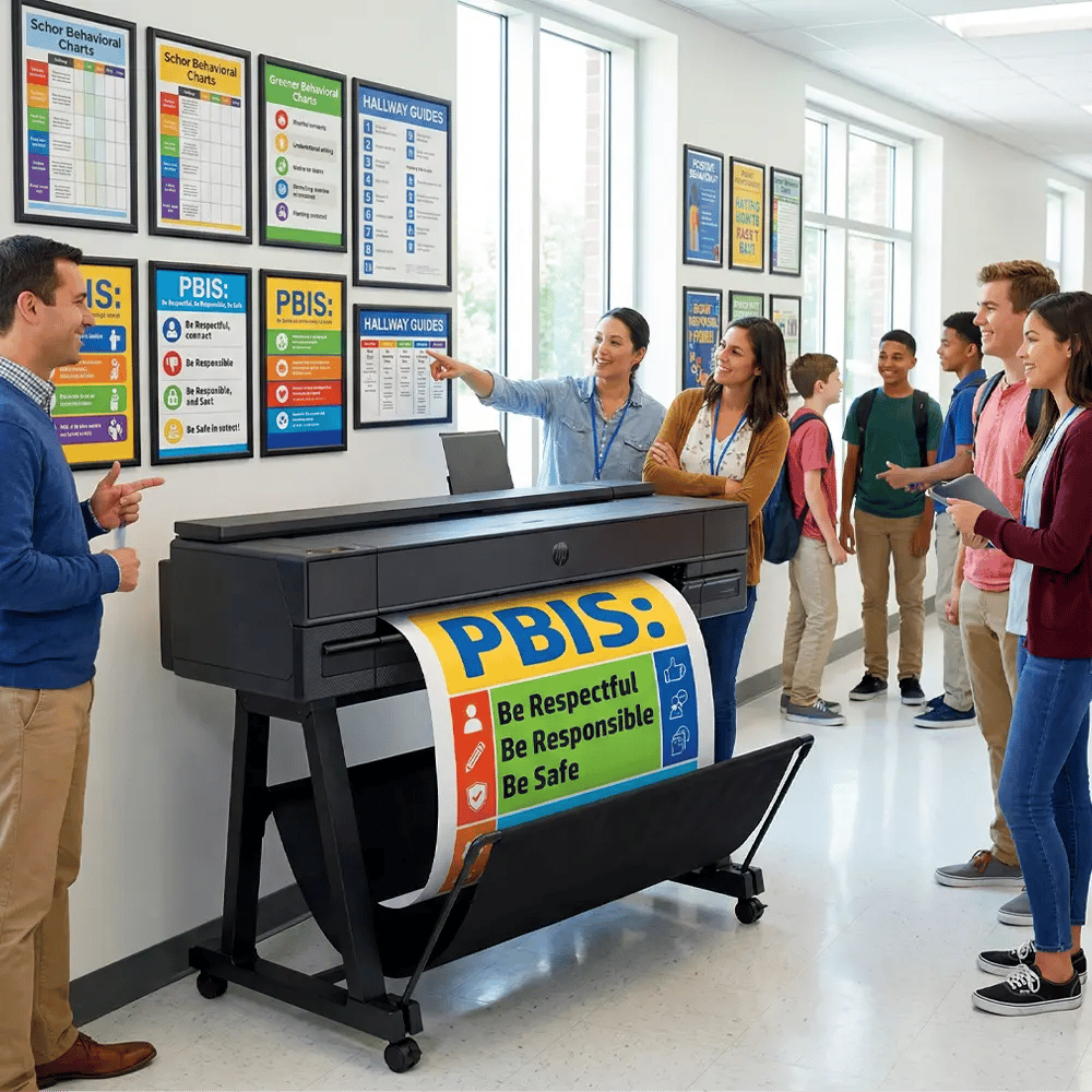 School poster maker printing PBIS behavior expectations poster as staff and students review hallway visuals for MTSS support