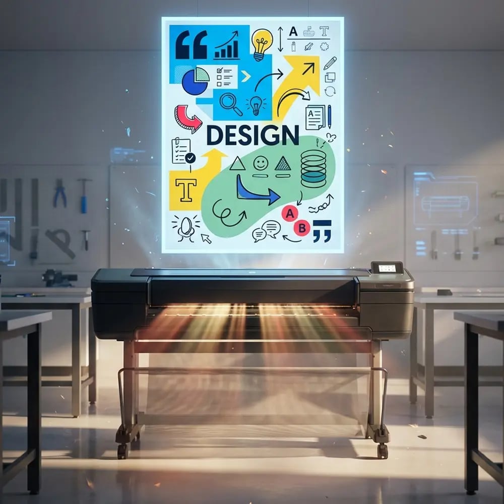 School poster maker printing a colorful educational poster that demonstrates readability, white space, color psychology, and visual hierarchy in a modern classroom setting