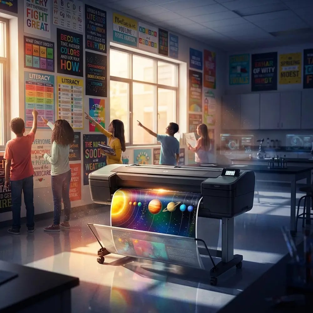 Students engaging with colorful educational posters printed by a school poster maker, transforming blank classroom walls into interactive learning environments