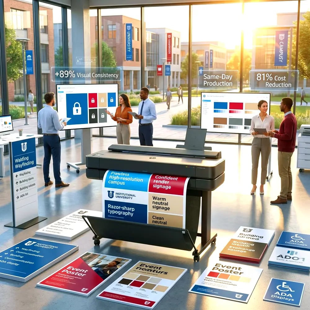 Campus communications team using a poster maker printer to create standardized wayfinding and event signage across a university campus