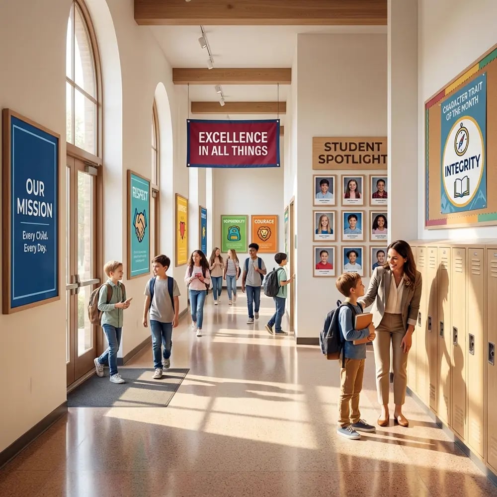 School hallway displaying mission statement, character trait, and student recognition posters printed with a school poster maker