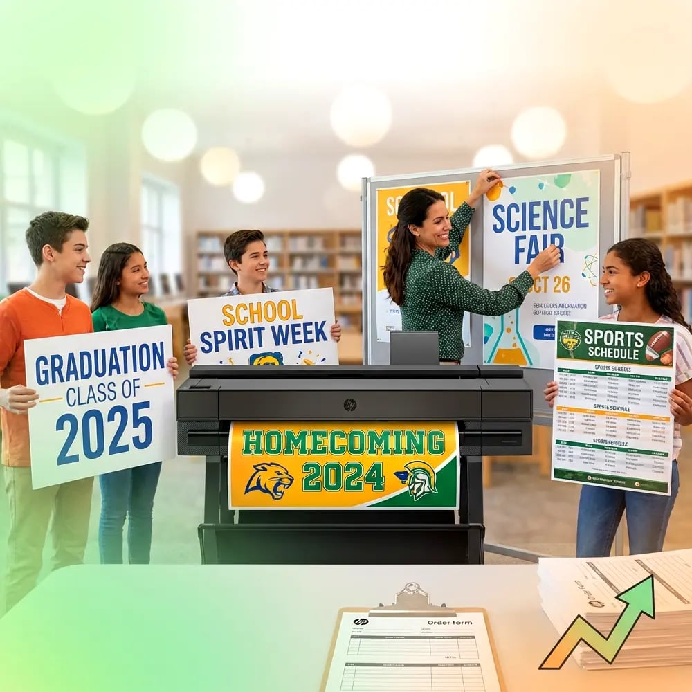Students and teacher using a school poster maker to print fundraising posters, including homecoming, science fair, graduation, and sports schedule signage