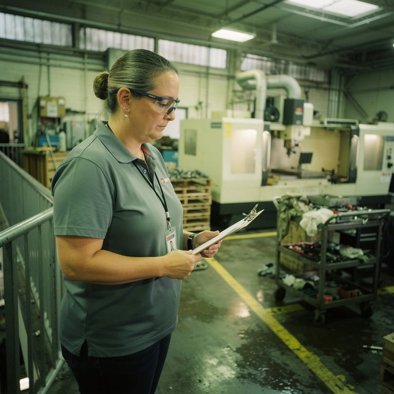 Quality engineer on a machine shop mezzanine overlooking a production floor