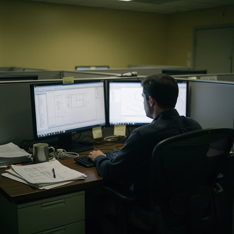 Defense engineer at a CAD workstation lit only by monitors