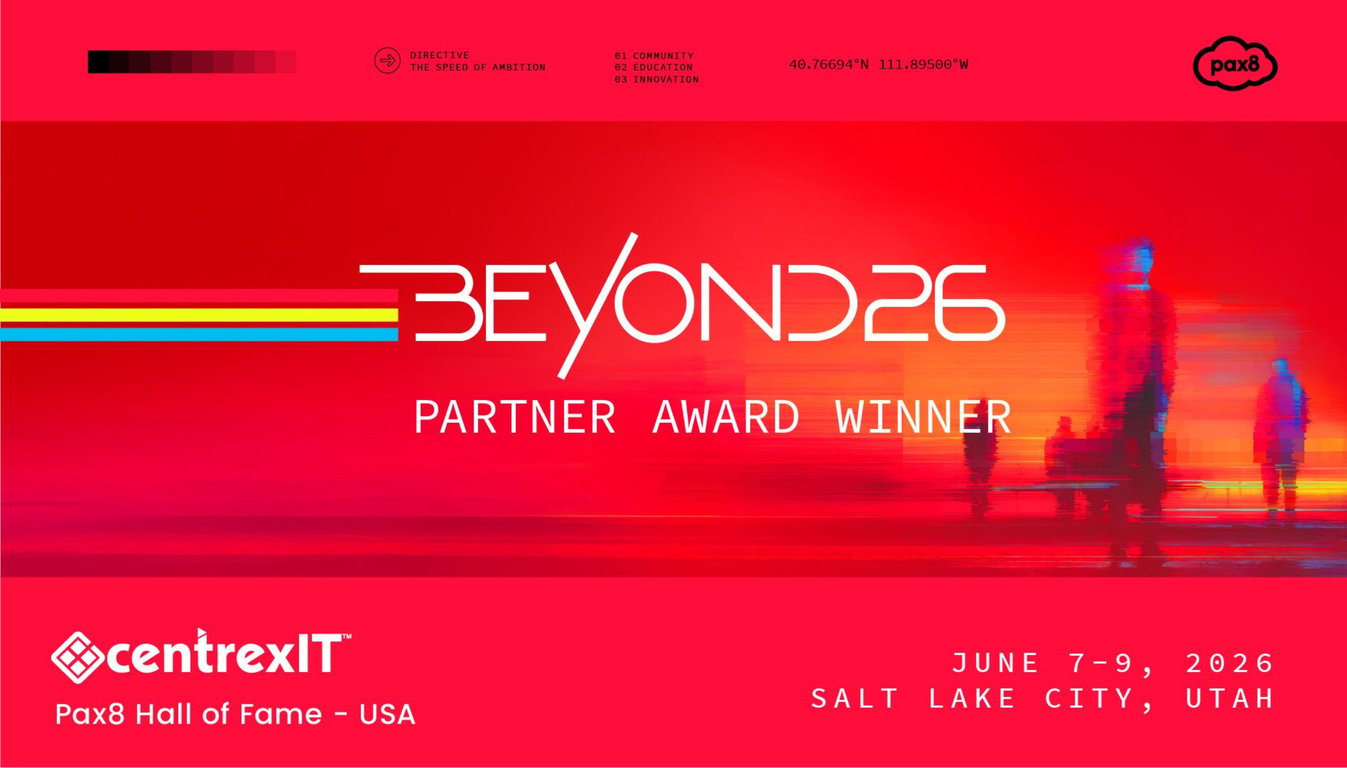 Pax8 Beyond 2026 Partner Award Winner graphic recognizing centrexIT in the Pax8 Hall of Fame USA, June 7 to 9, 2026, Salt Lake City, Utah