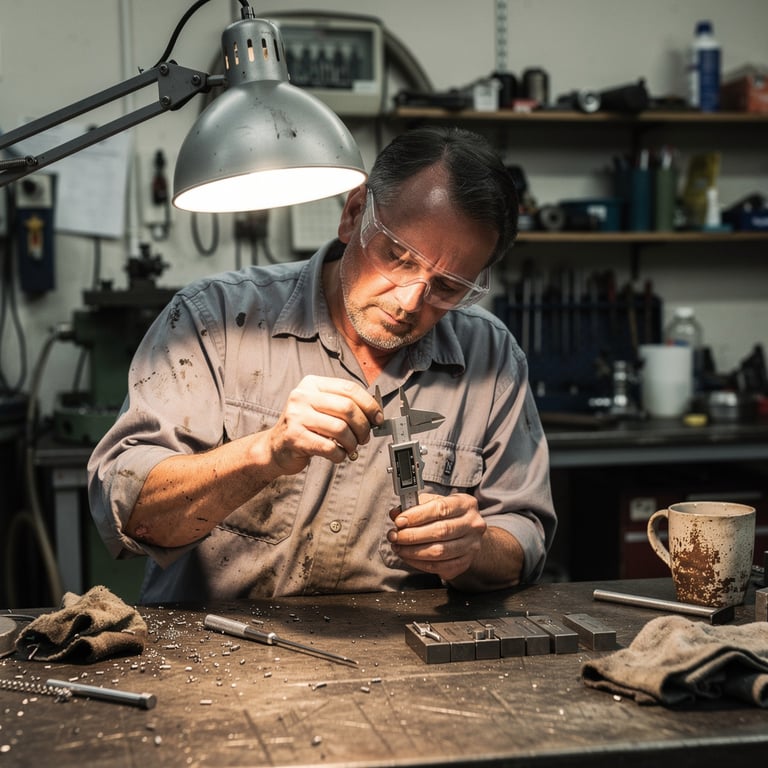 Machinist inspecting a precision aerospace component under a focused task light