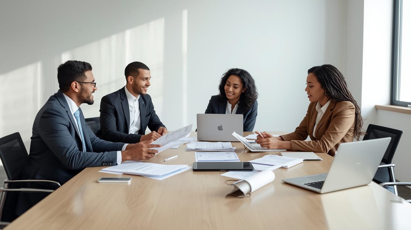 Business professionals collaborating around conference table