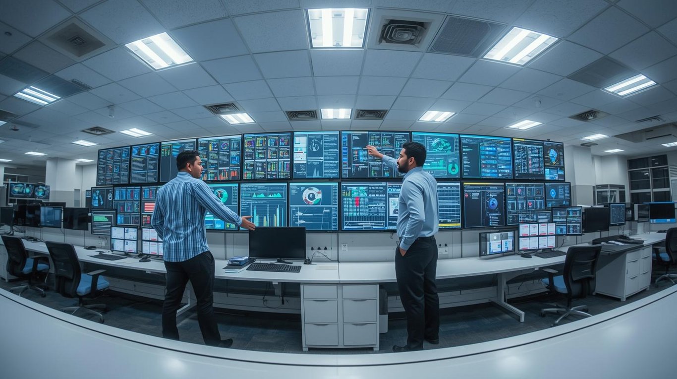 IT operations center with professionals reviewing network dashboards