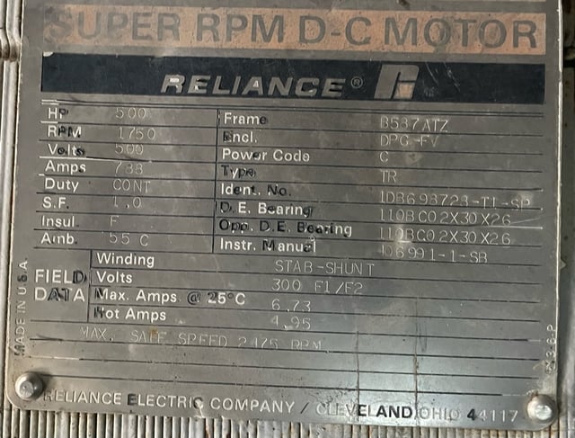 reliance 500 hp 1750 rpm b587atz dcmotors 88530
