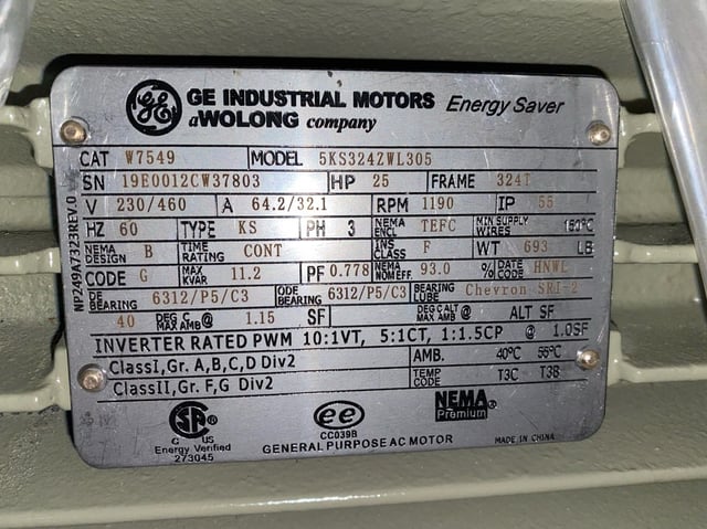 general electric 25 hp 1200 rpm 324t squirrel cage motors 85990