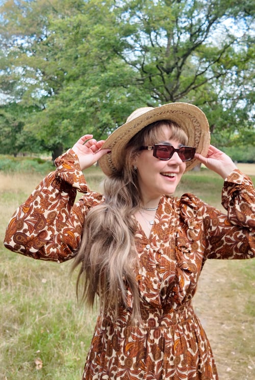 Brown Paisley Printed Viscose Shirred Maxi Dress