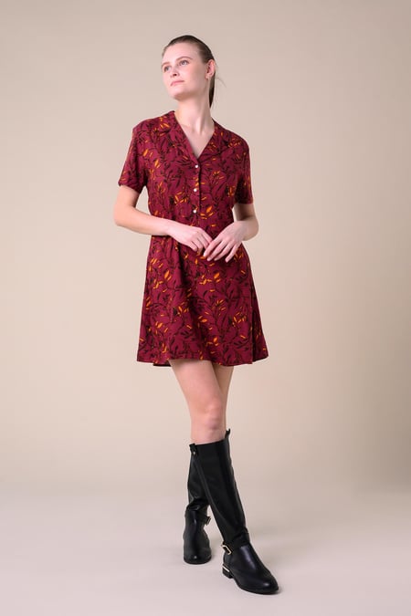 Womens Leaf Print Dress With Collar