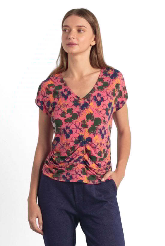 Womens Floral Print Wrap Ruffle Sleeve Top