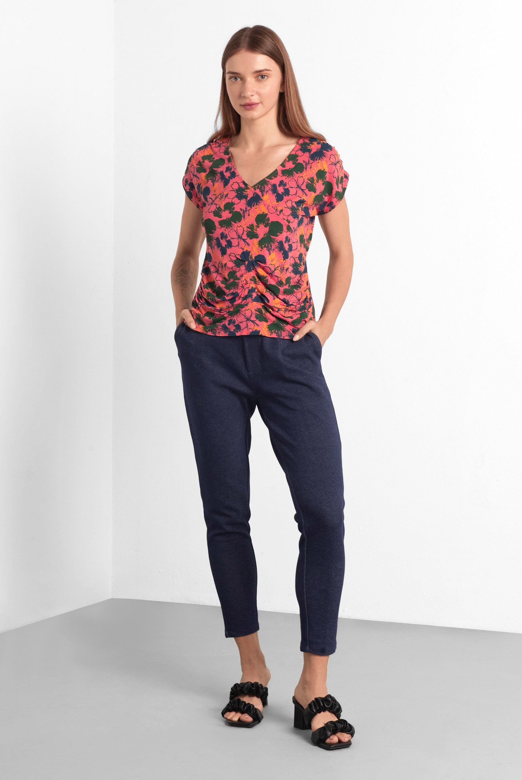 Womens Floral Print Wrap Ruffle Sleeve Top