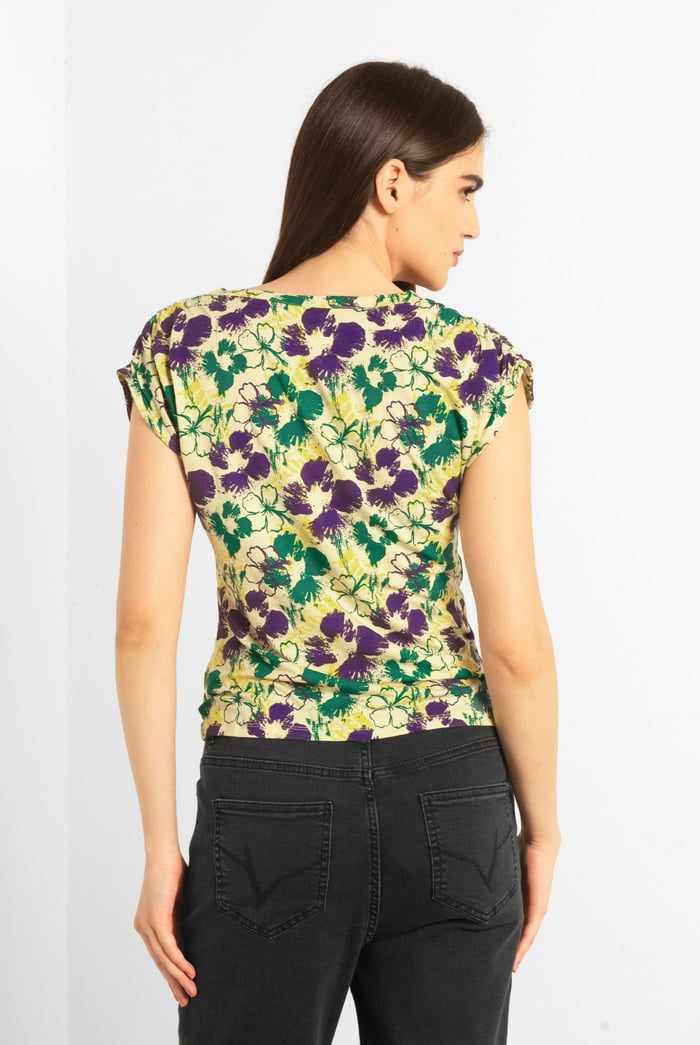 Womens Floral Print Wrap Ruffle Sleeve Top