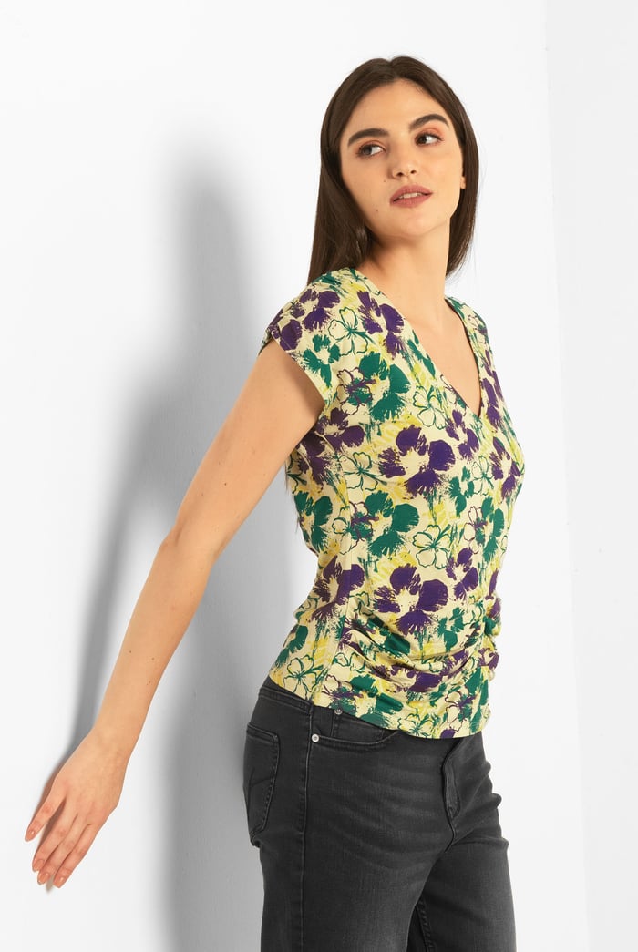 Womens Floral Print Wrap Ruffle Sleeve Top